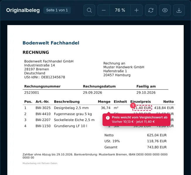 Originalbeleg in Rechniqo: Der Einzelpreis 11,40 EUR für Designbelag ist markiert – Vorher 10,13 €, jetzt 11,40 €