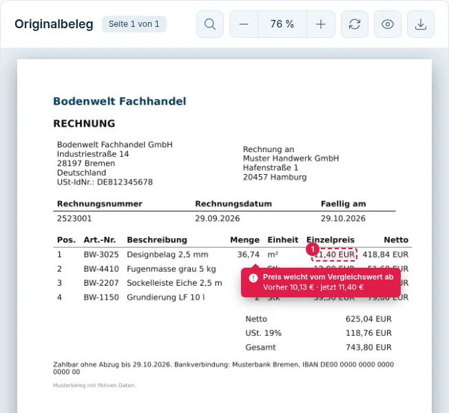 Originalbeleg in Rechniqo: Der Einzelpreis 11,40 EUR für Designbelag ist markiert – Vorher 10,13 €, jetzt 11,40 €